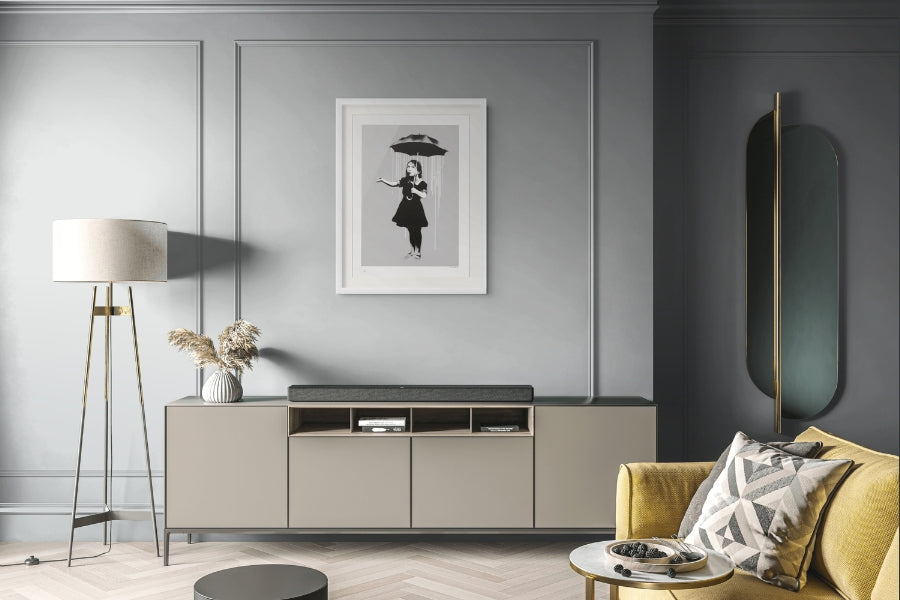 Banksy NOLA White print displayed in a contemporary interior