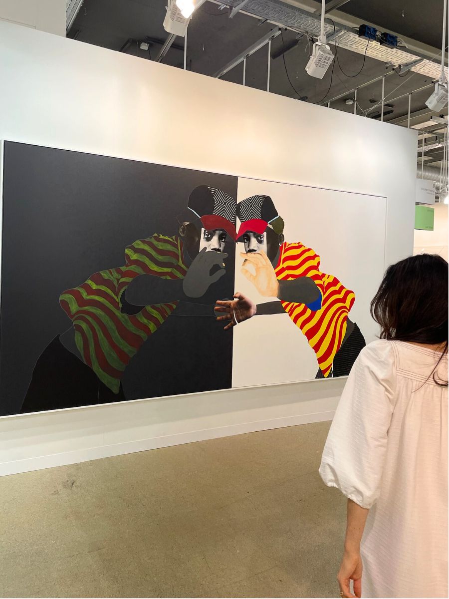 Artworks displayed at Stephen Friedman Gallery's booth, including sculptures by Yinka Shonibare and paintings by other international artists.