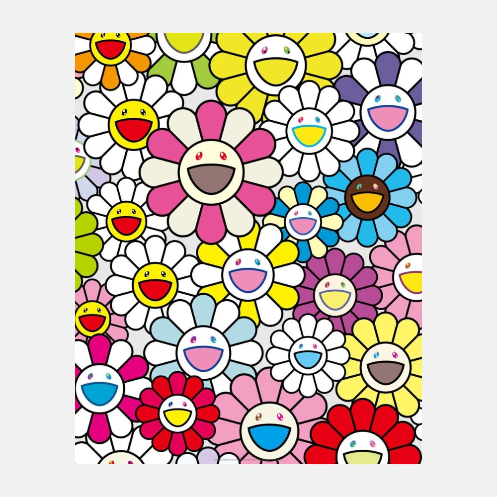 Takashi Murakami, A Little Flower Painting: Pink, Purple and Many Other Colours, 2019 offset lithograph with cold stamp featuring colourful smiling flowers.