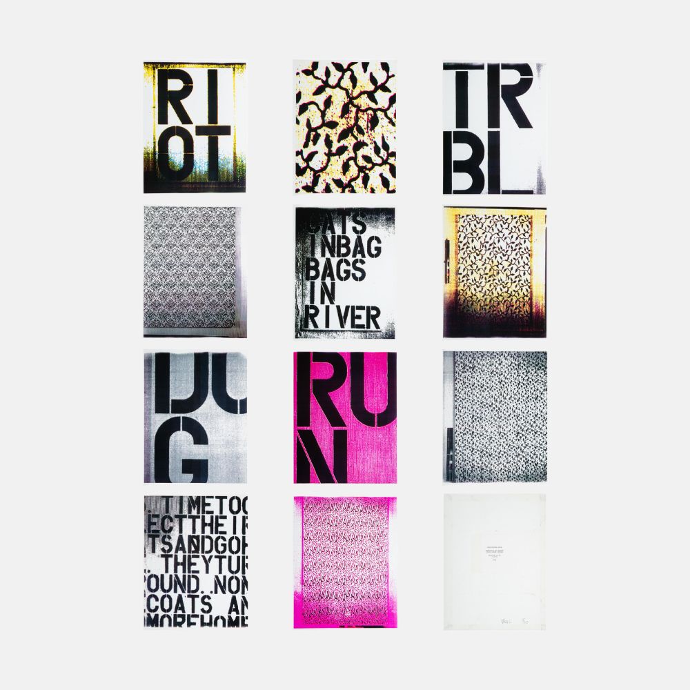 Christopher Wool, Untitled (Cats in Bag), 1990 portfolio of 11 colour laser photocopies featuring repeated graphic imagery and text.