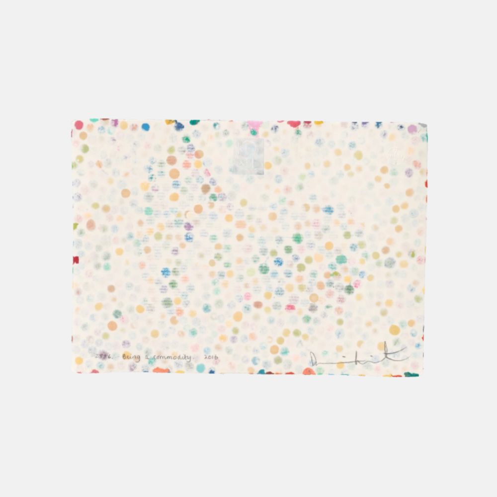 Unique Damien Hirst artwork titled "2586. Being a commodity" from The Currency series, 2016, showing vibrant mixed media details.