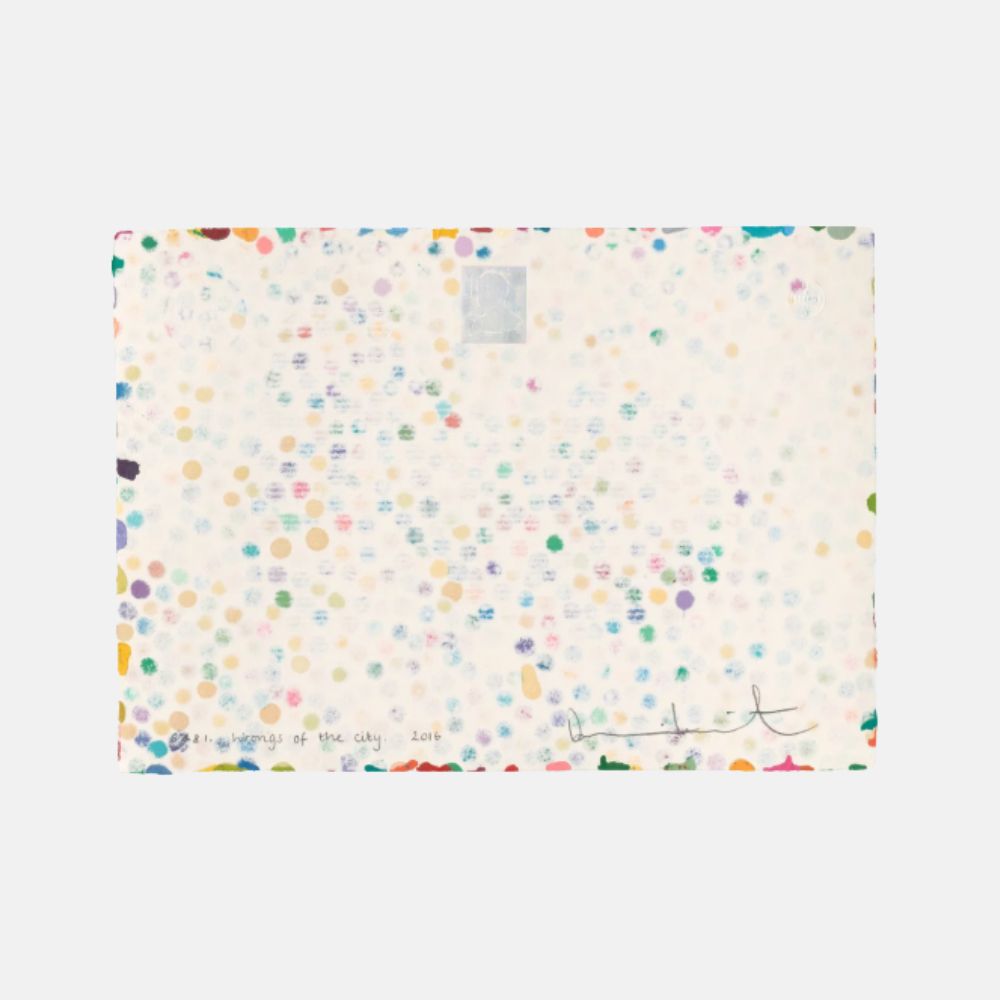 Unique Damien Hirst artwork titled "Wrongs of the City" from the Currency series, 2016, displayed in a detailed view.