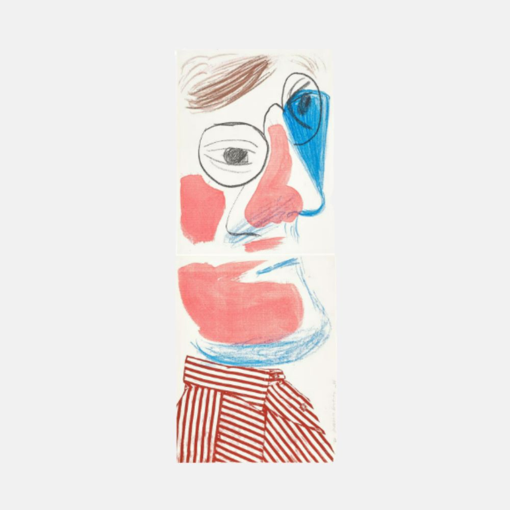 Limited edition David Hockney self-portrait print from July 1986 by Lougher Contemporary, featuring Hockney's distinctive artistic style.