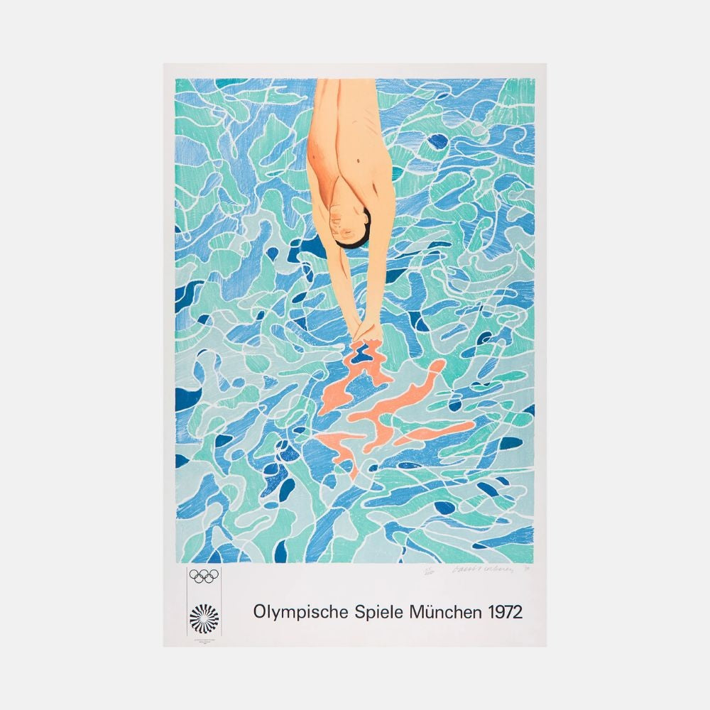 Limited edition signed and numbered David Hockney Munich Olympics 1972 poster, vibrant artwork for collectible art print.