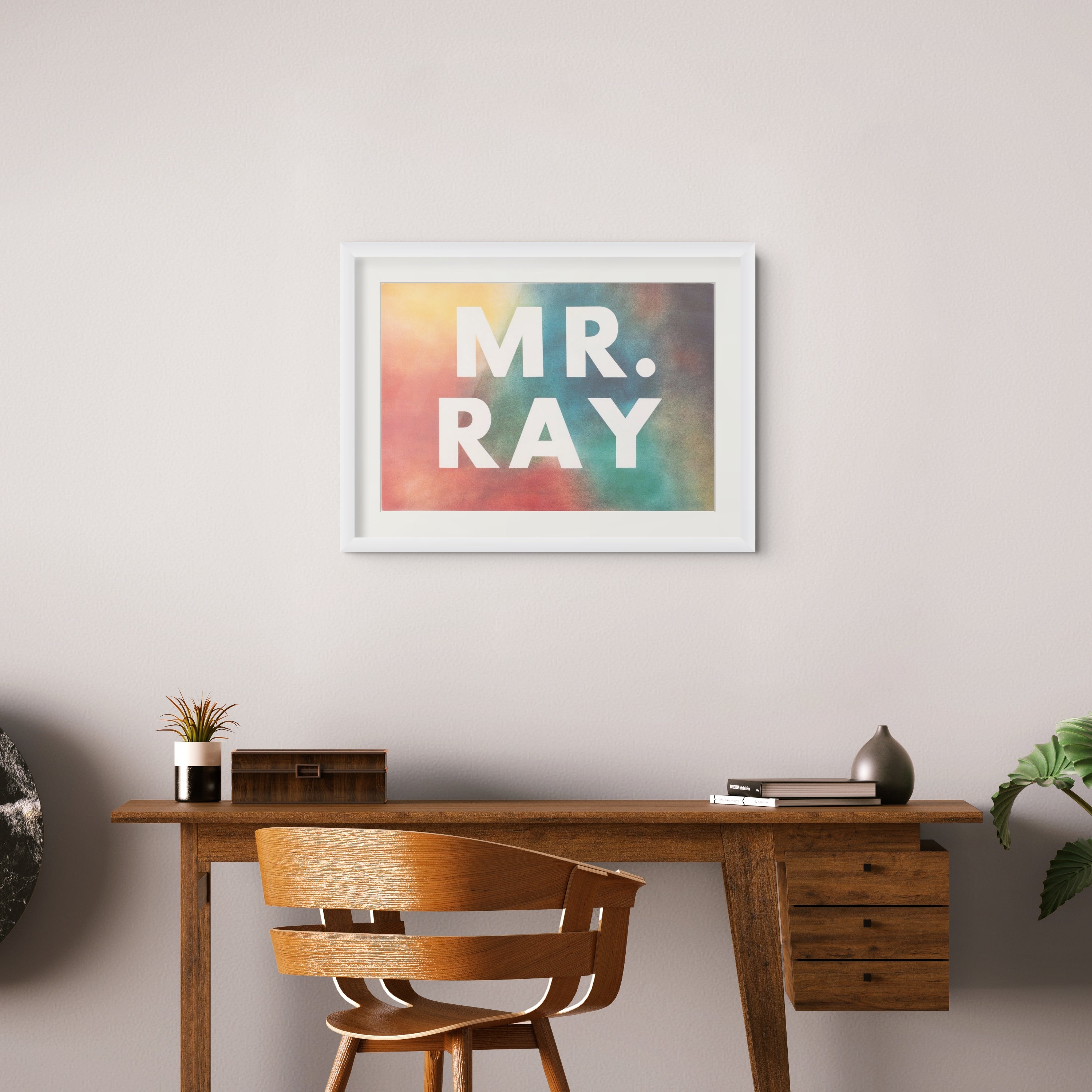 Ed Ruscha, Mr. Ray (E-86) (1975), lithograph on Arches paper displayed in a contemporary interior setting.