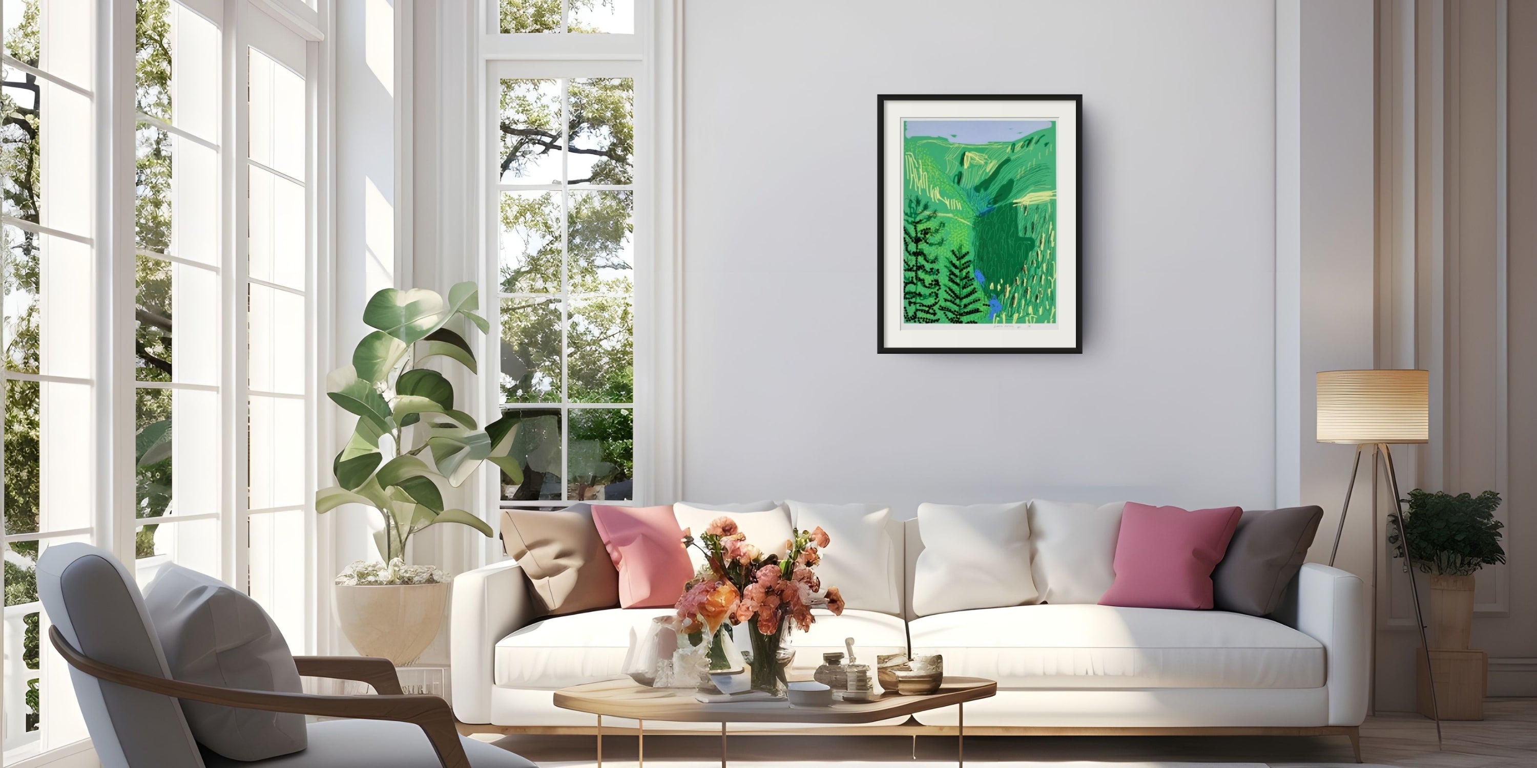Framed David Hockney Arrival of Spring landscape ipad artwork displayed in a contemporary interior