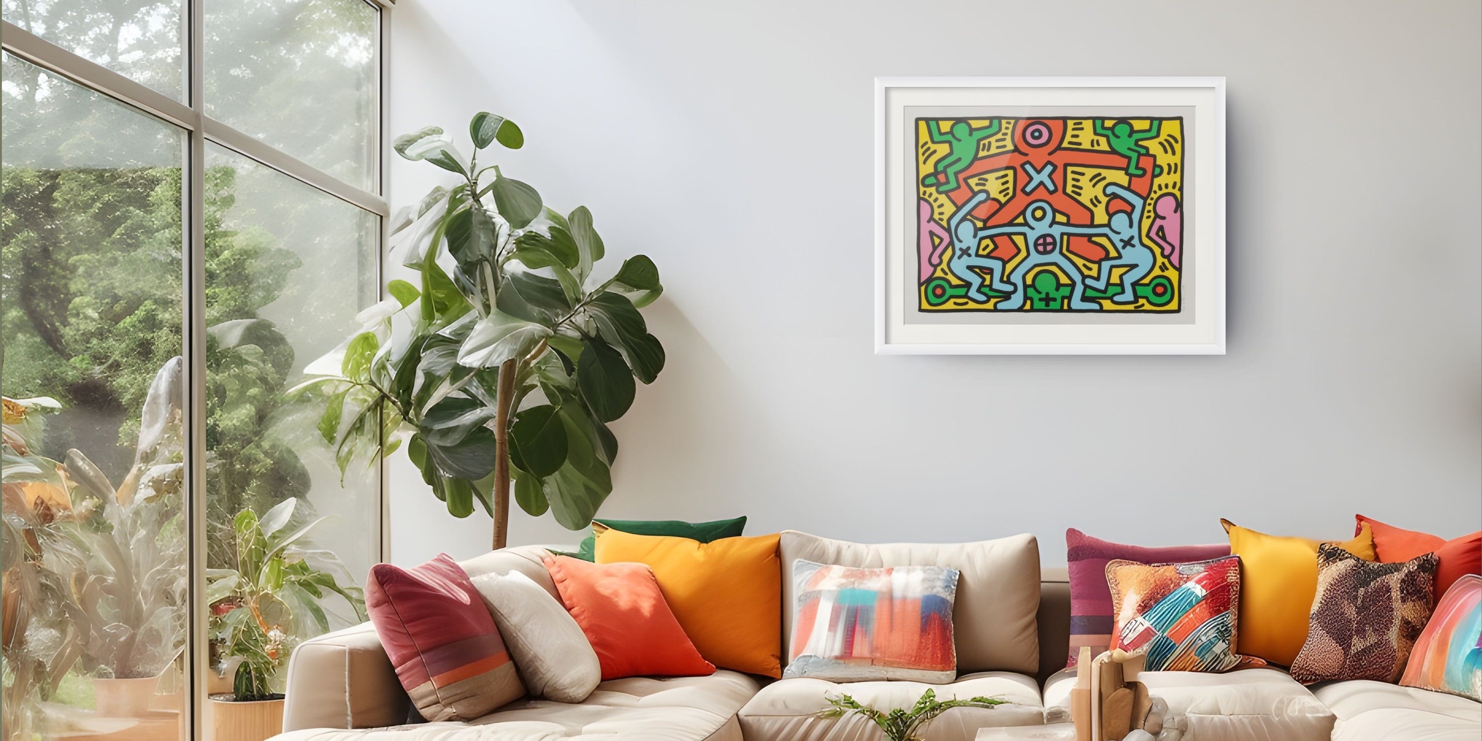 Keith Haring colourful screenprint from the Growing Series in a contemporary setting