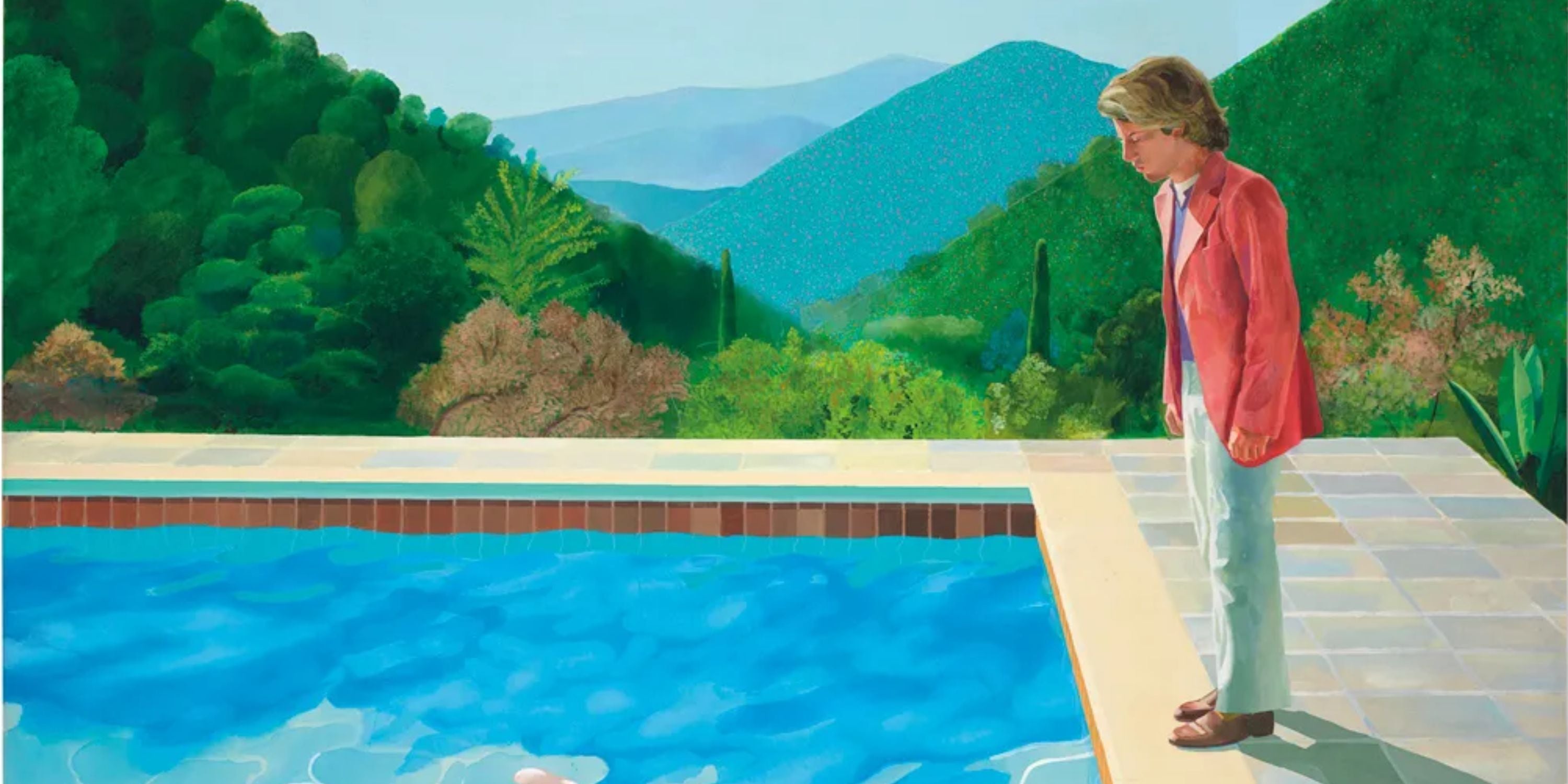 David Hockney record breaking swimming pool california painting Man standing by a pool with a scenic landscape in the background