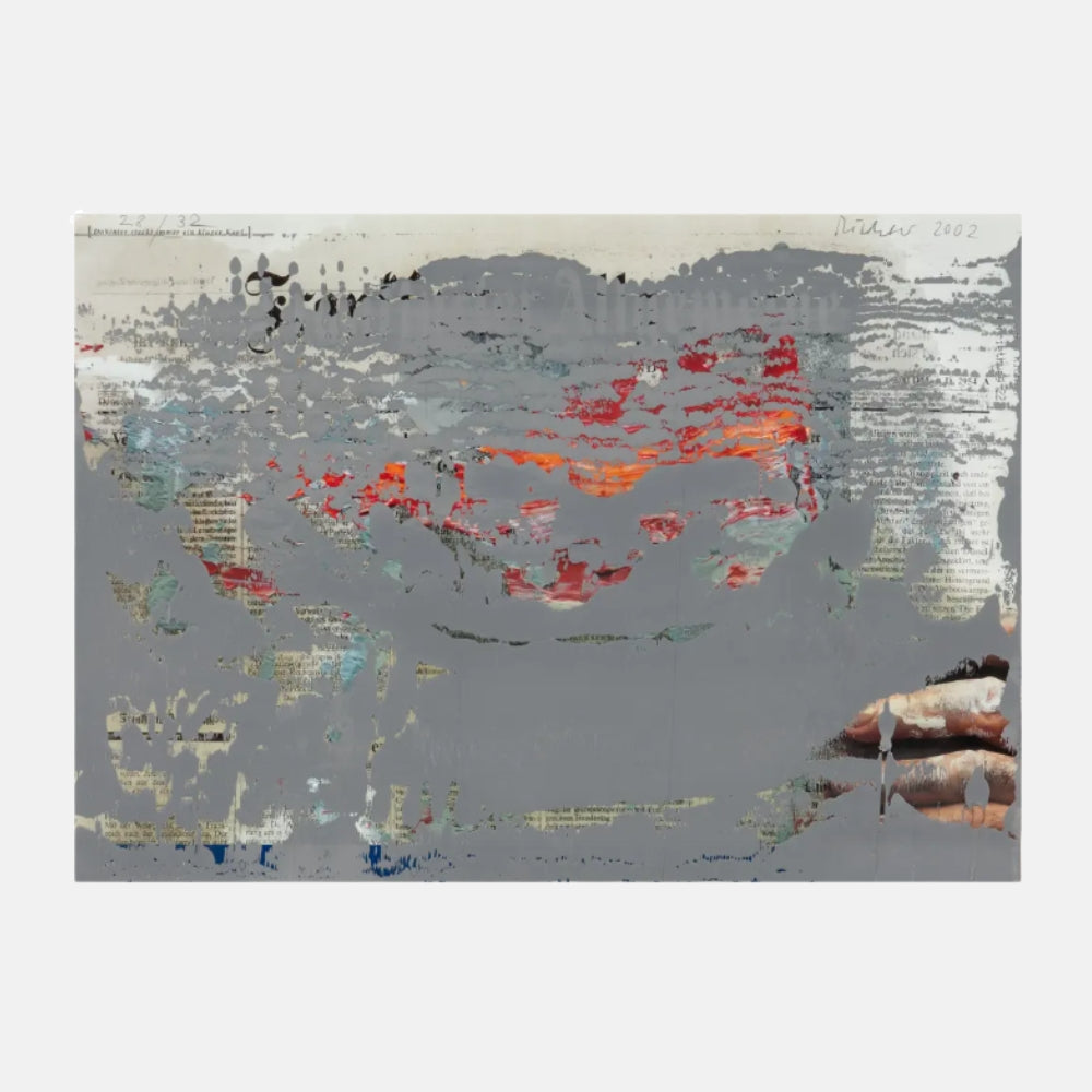 Gerhard Richter, FAZ-Übermalung (Editions CR 122), 2002 oil on offset print featuring layered abstract brushstrokes over newspaper imagery.