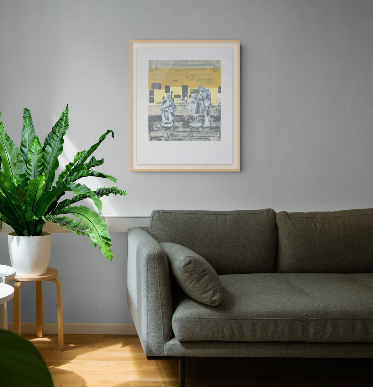 Hurvin Anderson, International Cut (2023), colourful contemporary print displayed in a modern interior.