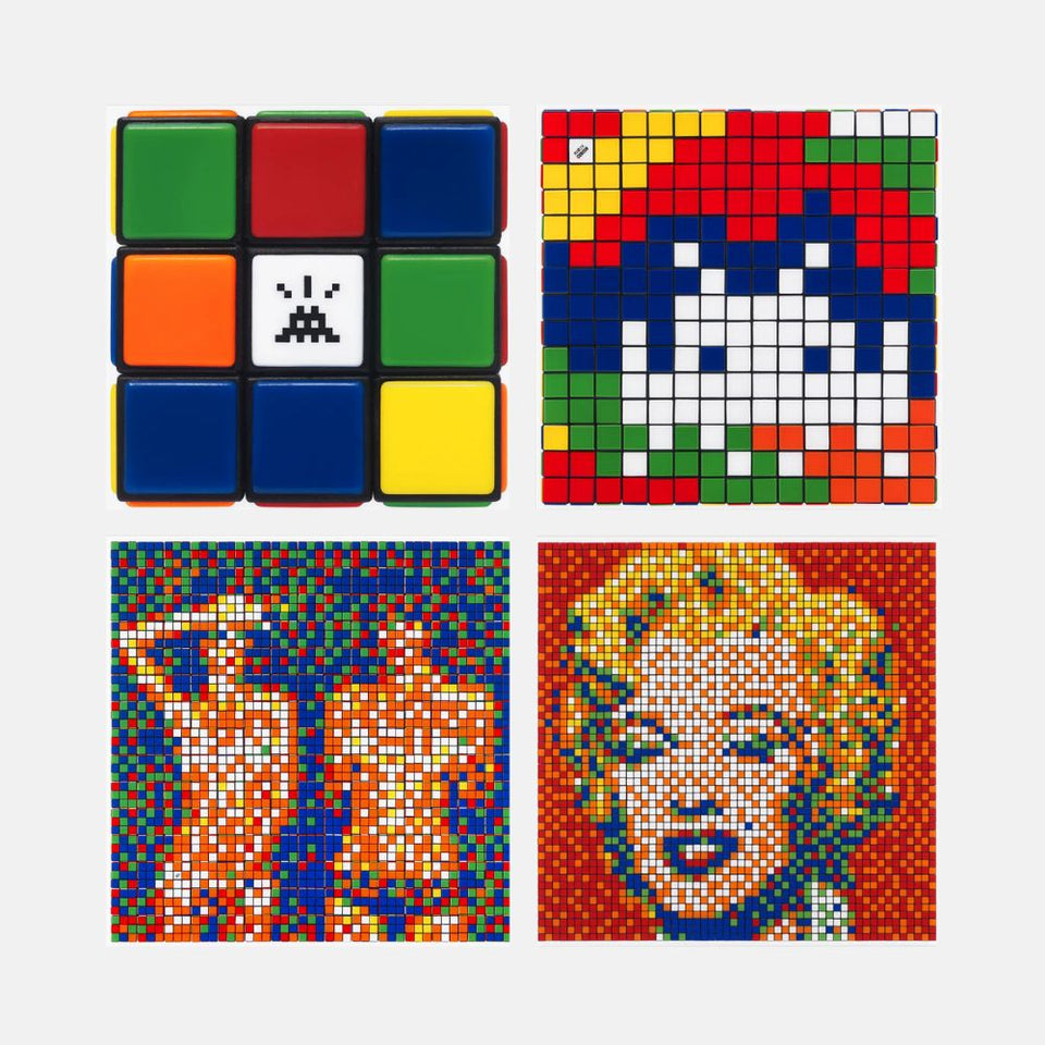 Invader, NVDR1-1 Invaded Cube, NVDR1-2 Rubik Camouflage, NVDR1-3 Rubik Country Life, NVDR1-4 Rubik Shot Red Marilyn, 2023 For Sale - Lougher Contemporary