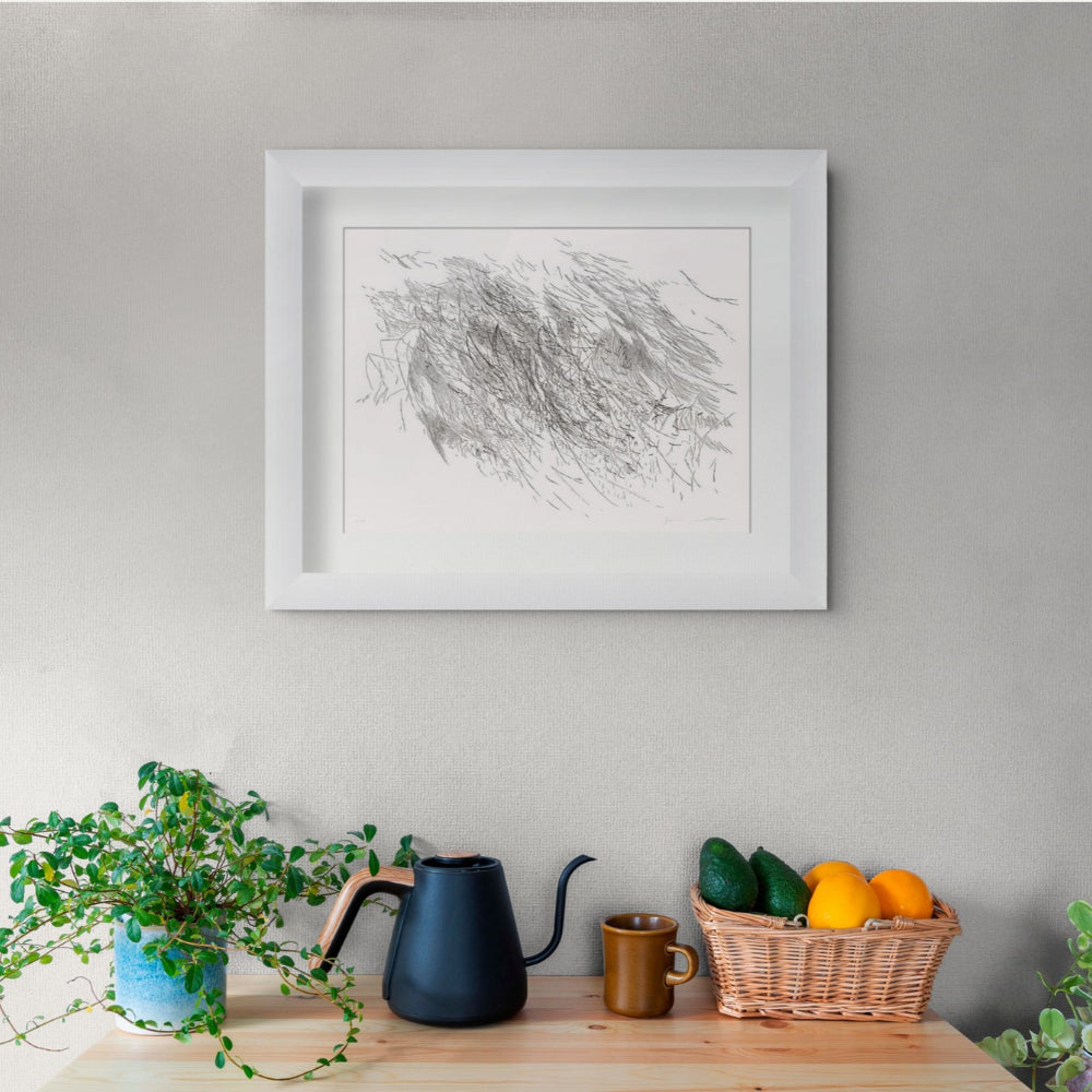 Limited edition abstract print of Julie Mehretu's Sapphic Strophe 2 displayed on a gallery wall in a contemporary interior.