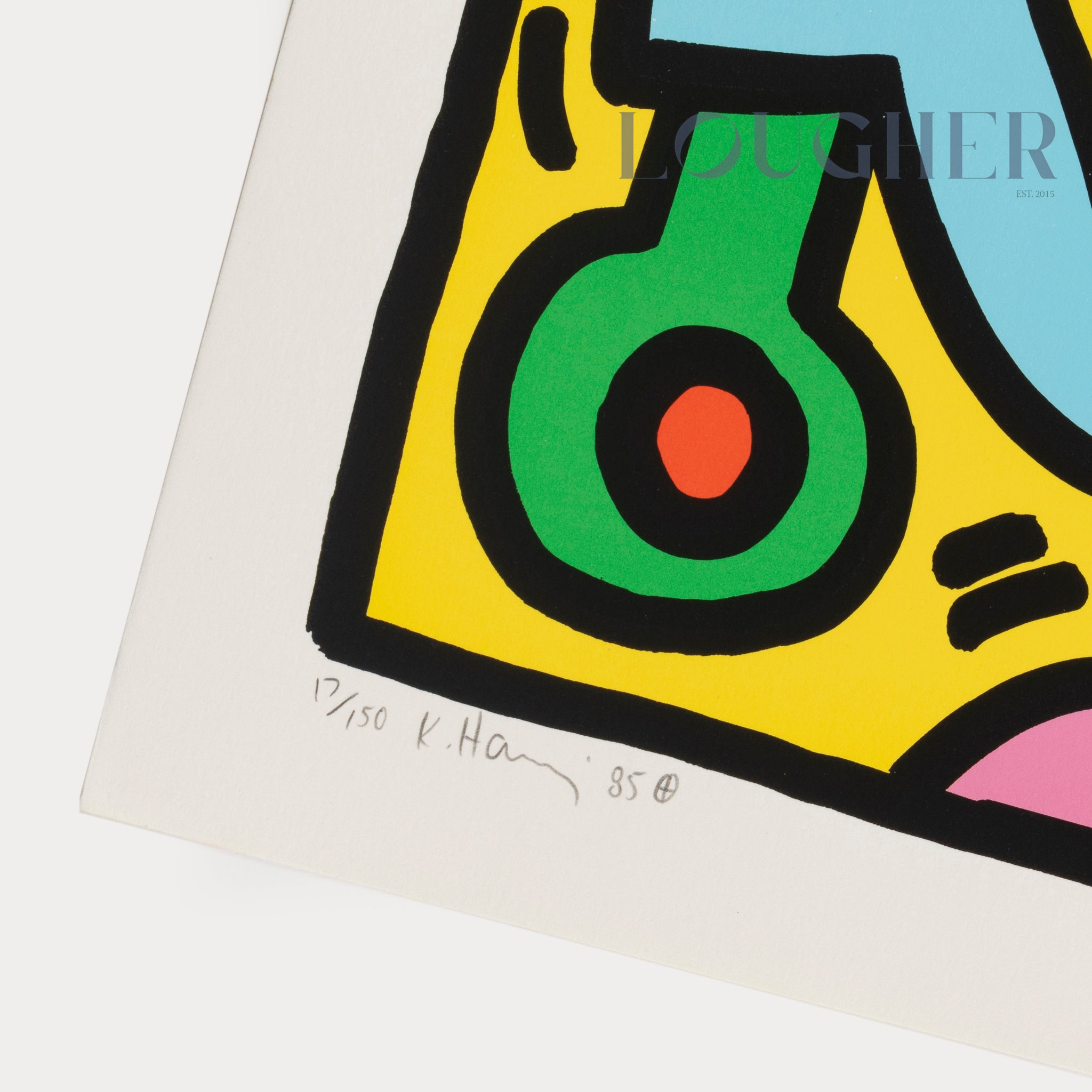 Limited edition Keith Haring untitled print from 1985 by Lougher Contemporary, featuring bold, colorful artwork with iconic figures.