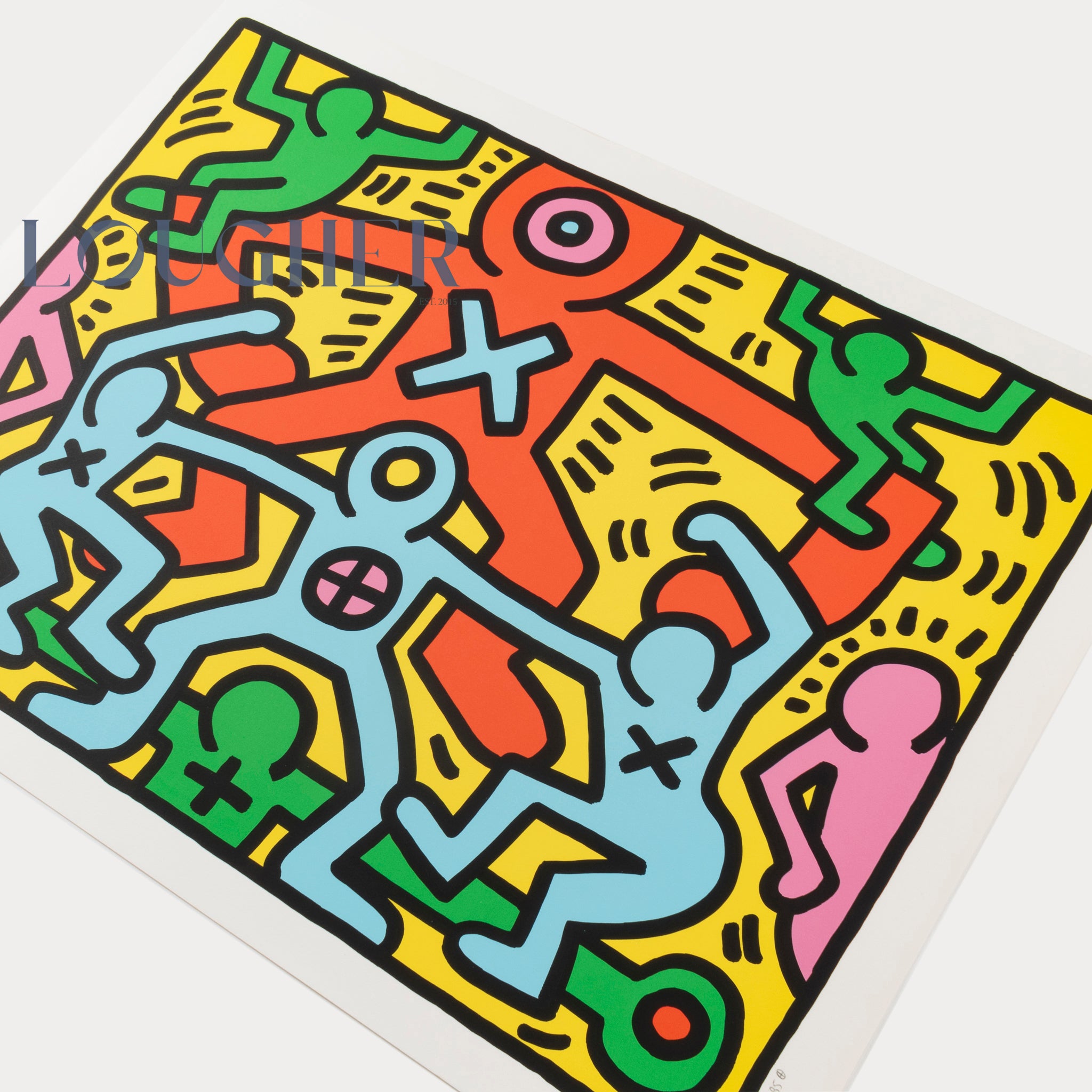 Limited edition Keith Haring untitled print from 1985 by Lougher Contemporary, featuring bold, colorful abstract artwork.
