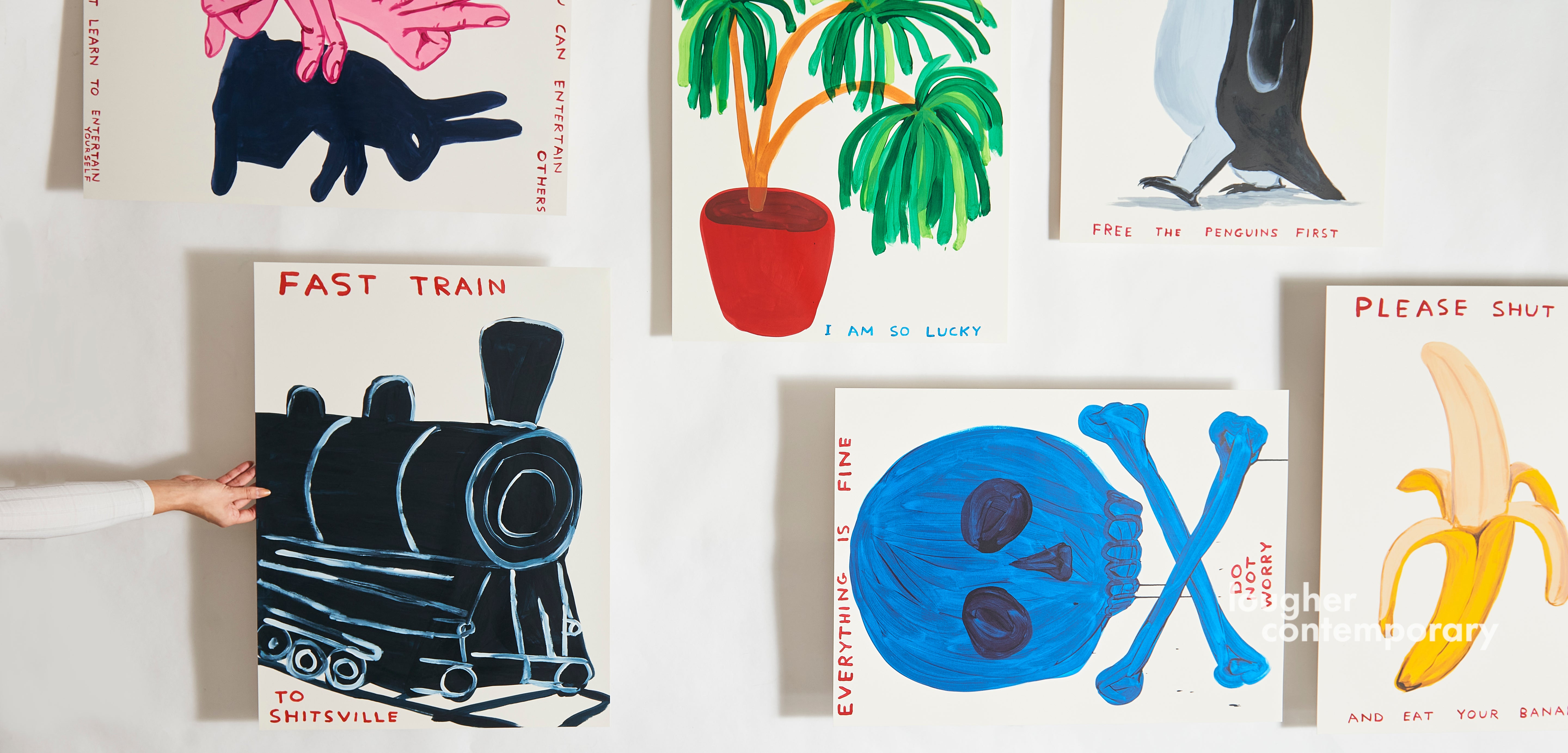 Collection of david shrigley prints with various designs on a white wall. Contemporary Art For Sale at Lougher 