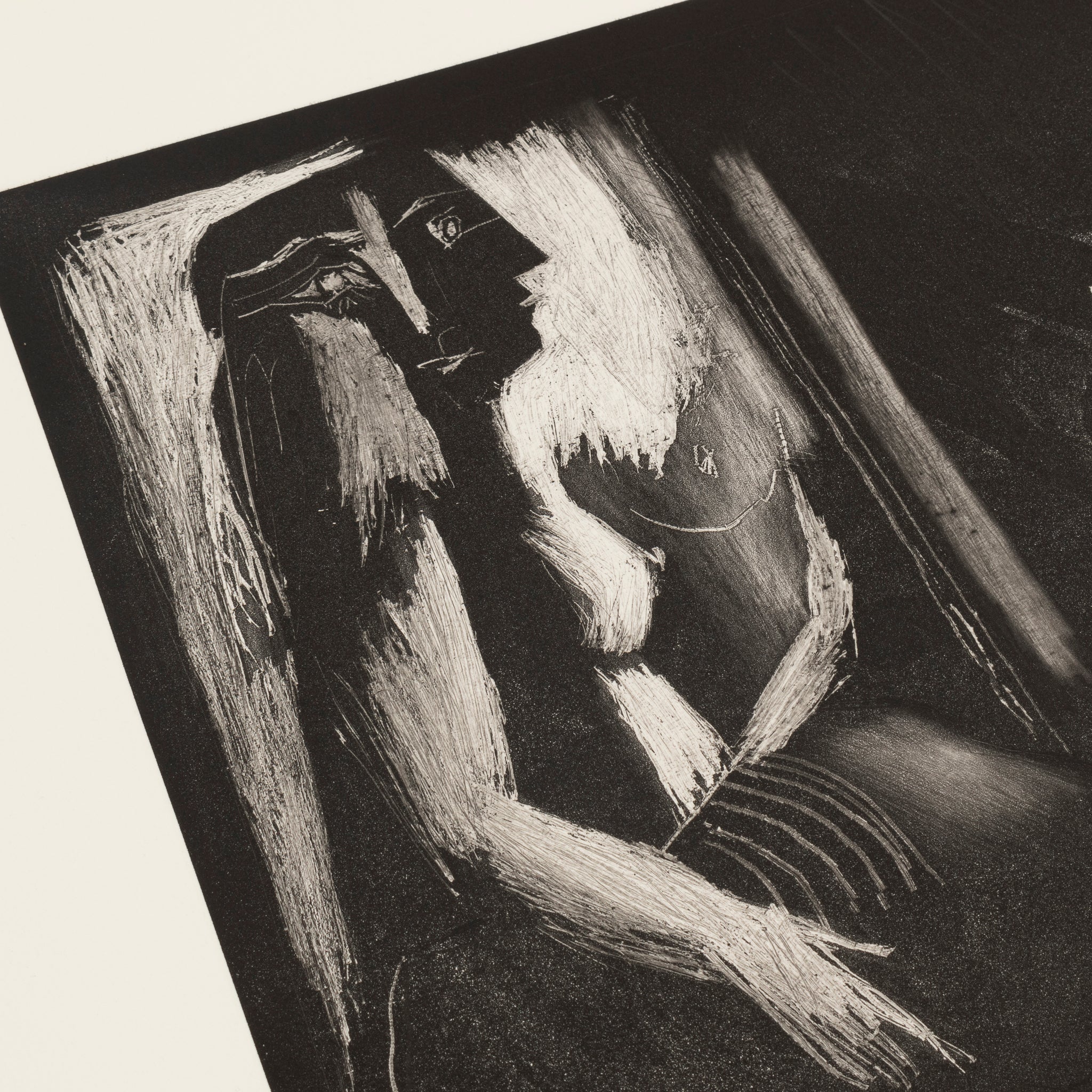 Detail of Picasso’s 1963 etching Scène d’intérieur: l’atelier showing expressive etched lines and tonal passages.