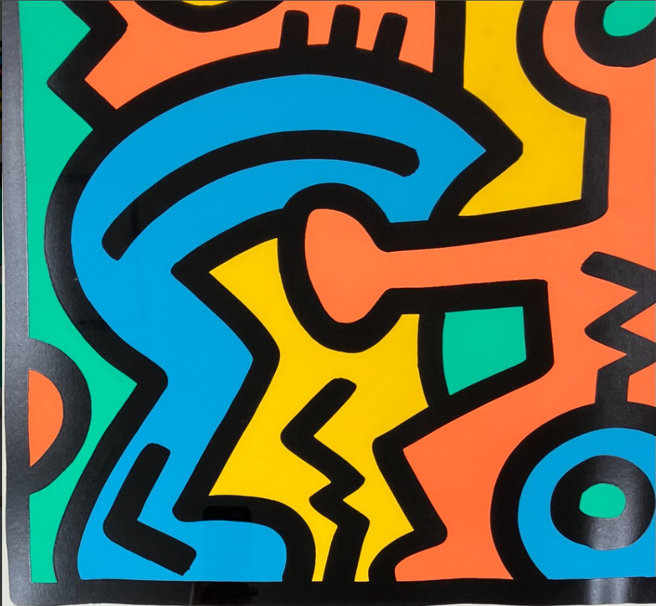 Limited edition Keith Haring Growing 5 print by Lougher Contemporary, featuring vibrant artwork from 1988.