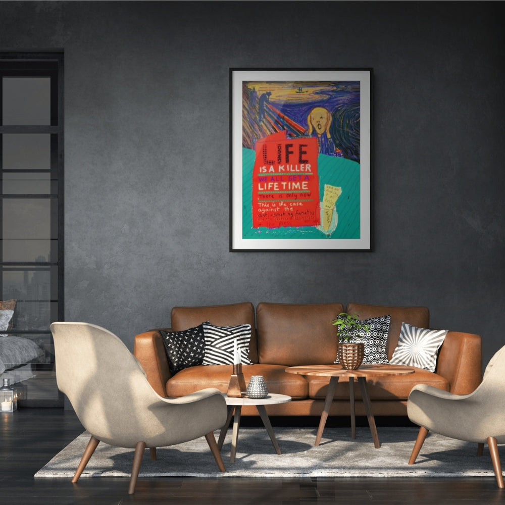 David Hockney Life 2012 iPad drawing with vivid colours, expressive lines and handwritten elements in contemporary interior setting