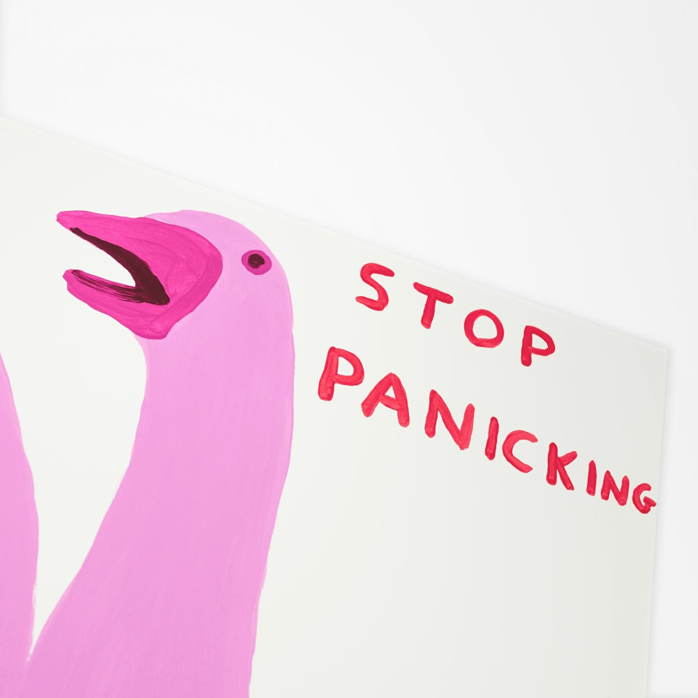 Close-up detail of David Shrigley Stop Panicking artwork with characteristic handwritten text