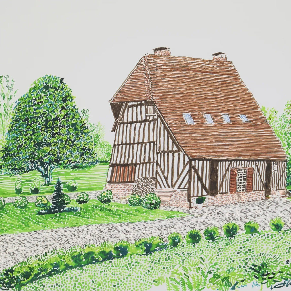 David Hockney The Normandy Series prints. A hand-drawn illustration of a traditional timber-framed house with a brown thatched roof, surrounded by green trees, shrubs, and a stone path under a light gray sky.