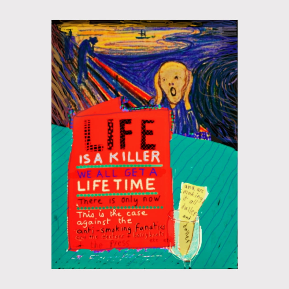 David Hockney Life 2012 iPad drawing with vivid colours, expressive lines and handwritten elements in contemporary interior setting