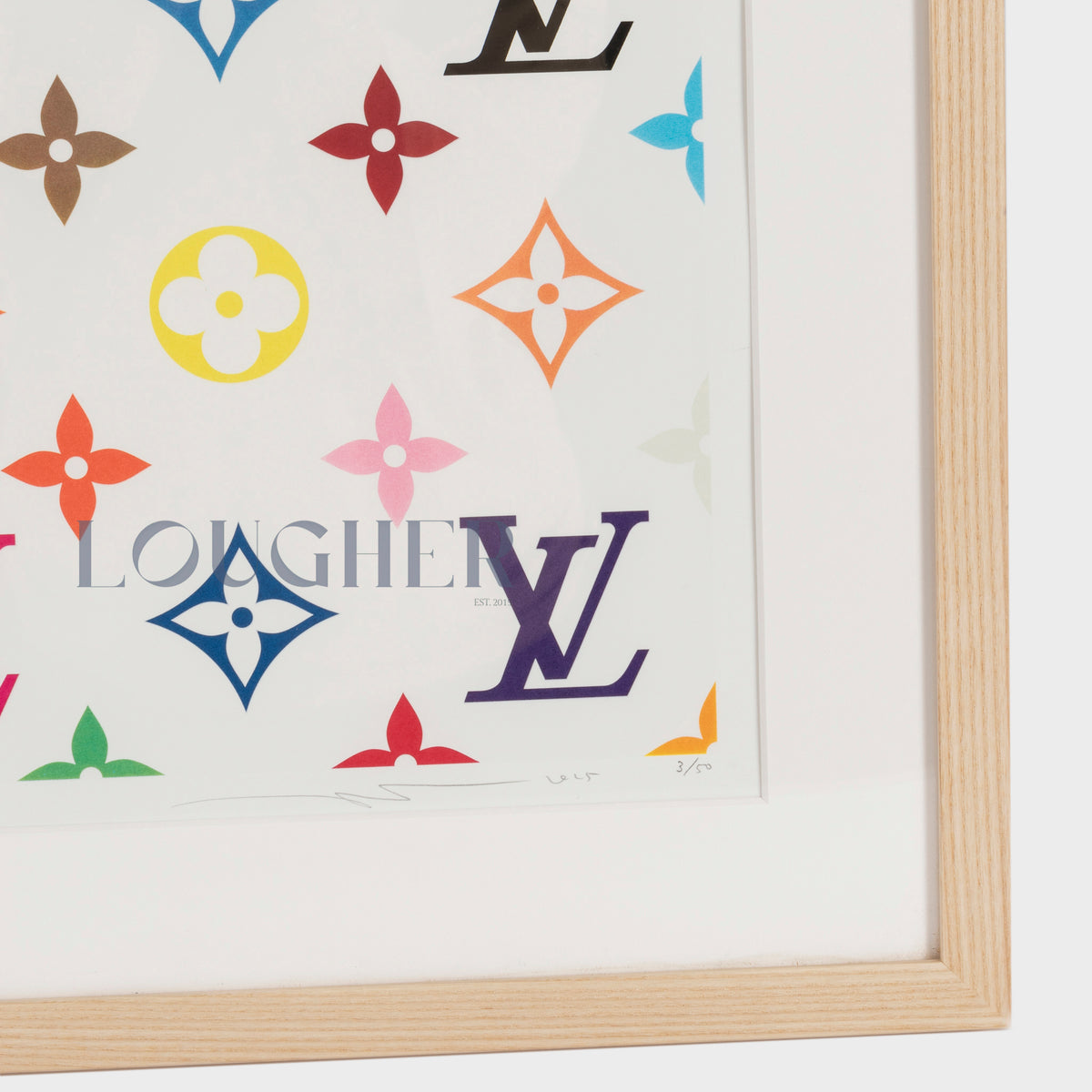Limited edition Takashi Murakami LV White Murakami multicolor monogram print by Lougher Contemporary, showcasing vibrant, detailed artwork.