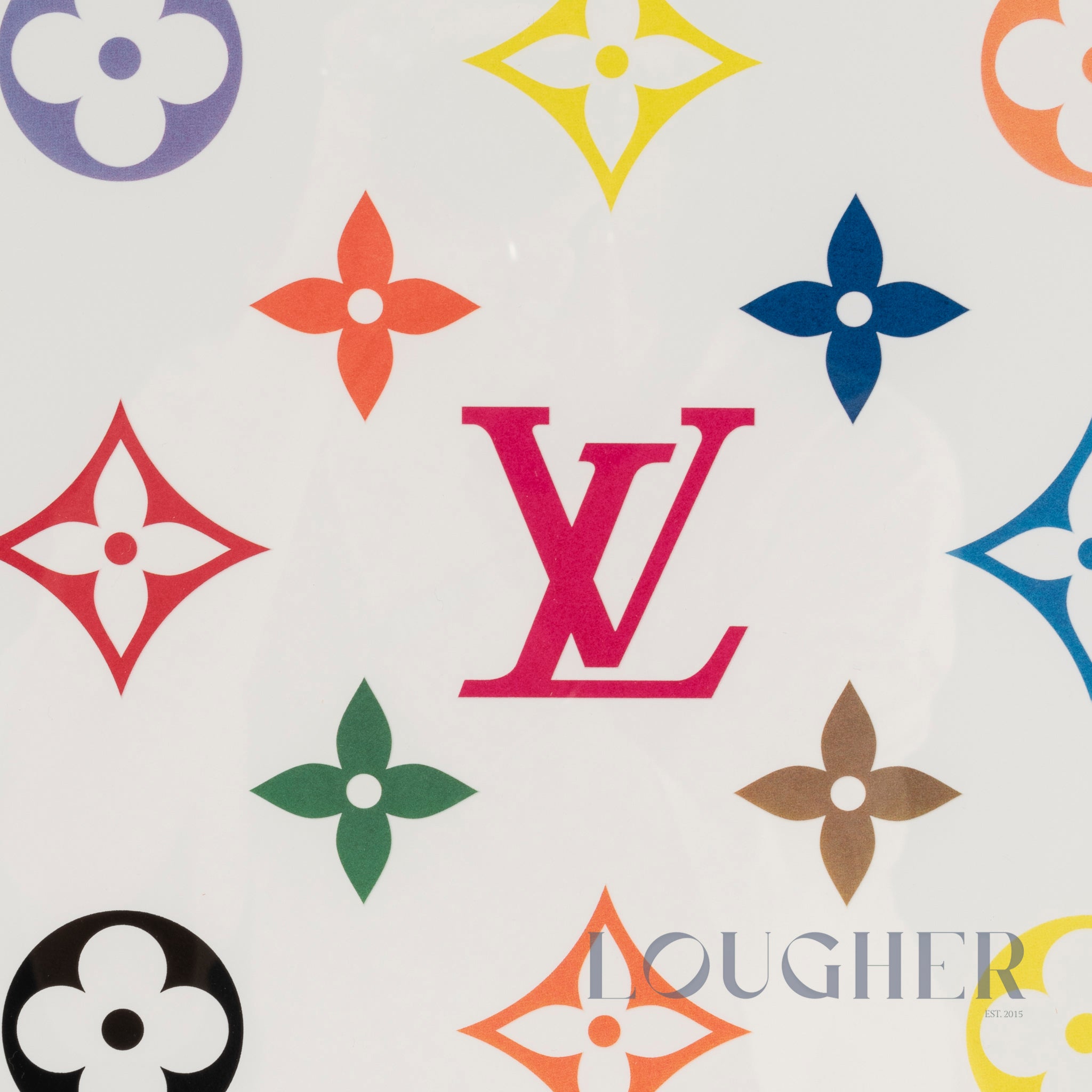 Limited edition Takashi Murakami LV White Murakami multicolor monogram print by Lougher Contemporary, showcasing vibrant, intricate artwork.