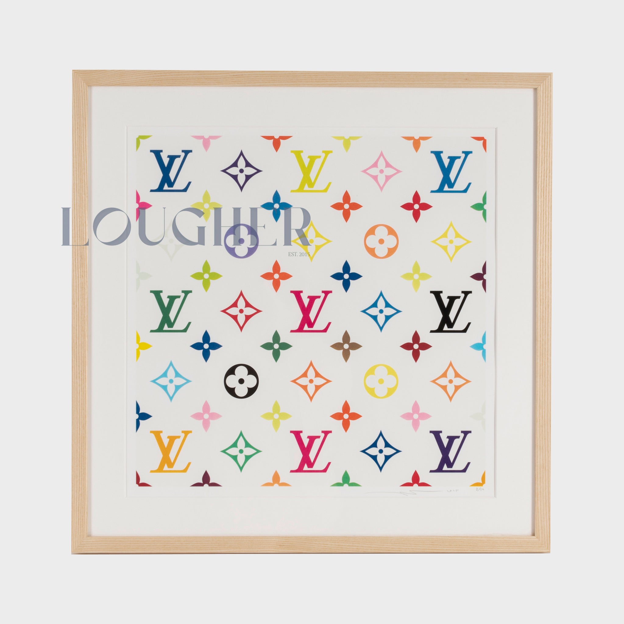 Limited edition Takashi Murakami LV White Murakami multicolor monogram print by Lougher Contemporary, showcasing vibrant, detailed artwork.