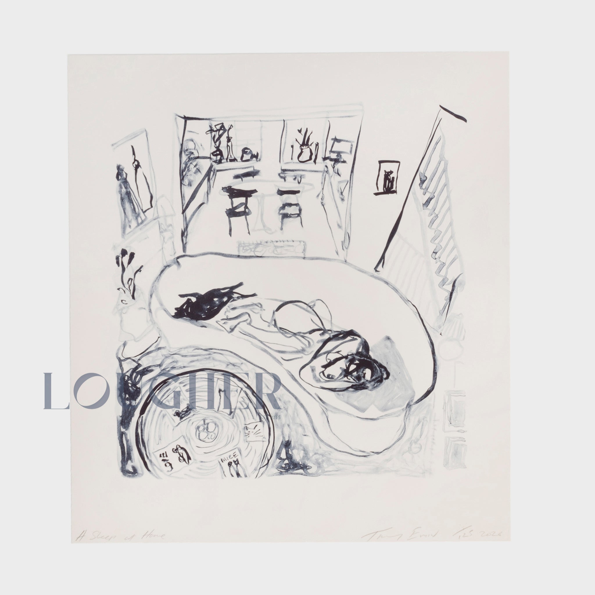 Limited edition print of Tracey Emin's "A Sleep at Home" by Lougher Contemporary, featuring her signature style and monochrome artwork.