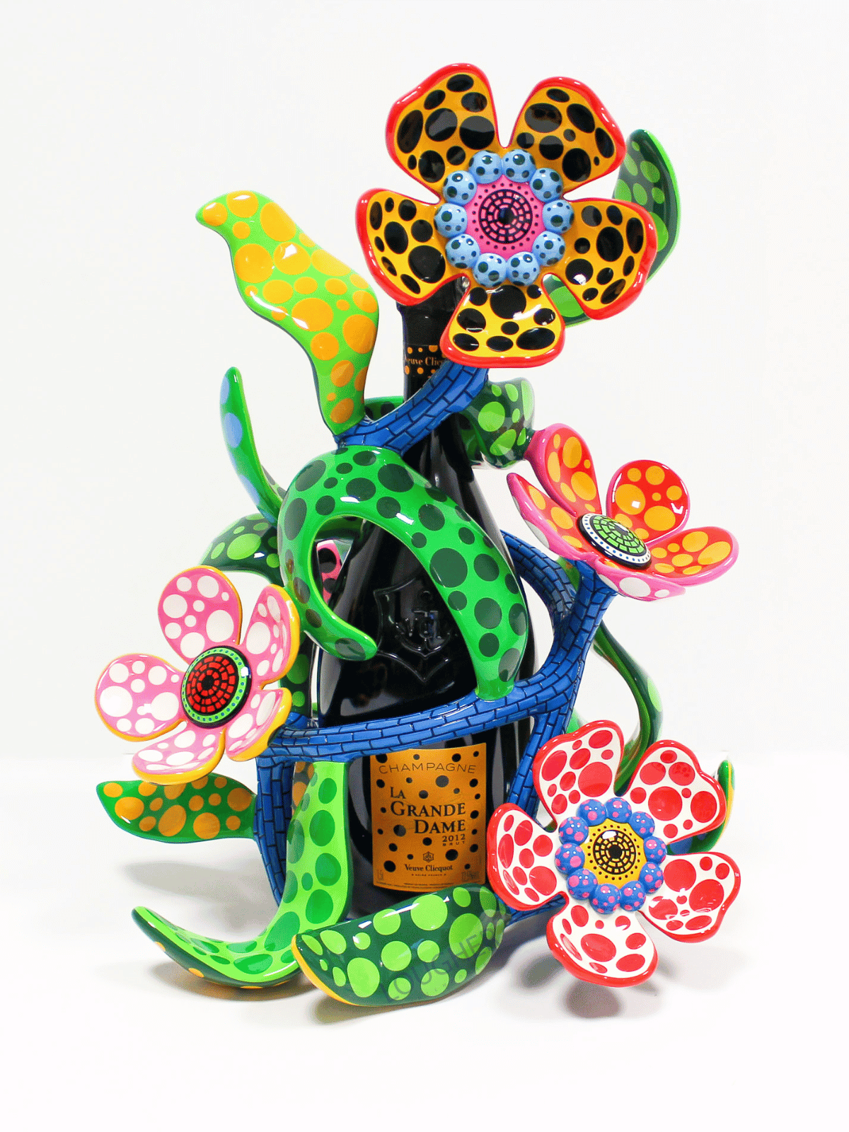 Yayoi Kusama Colourful Flower Ceramic Sculpture with Champagne Bottle