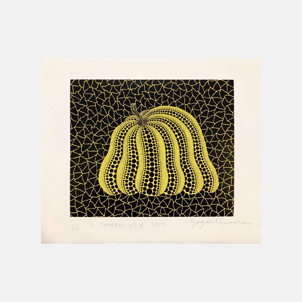 Yayoi Kusama, A Pumpkin YB-A (Kusama 325), 2004 screenprint in colour on Arches wove paper featuring a yellow polka dot pumpkin on black.