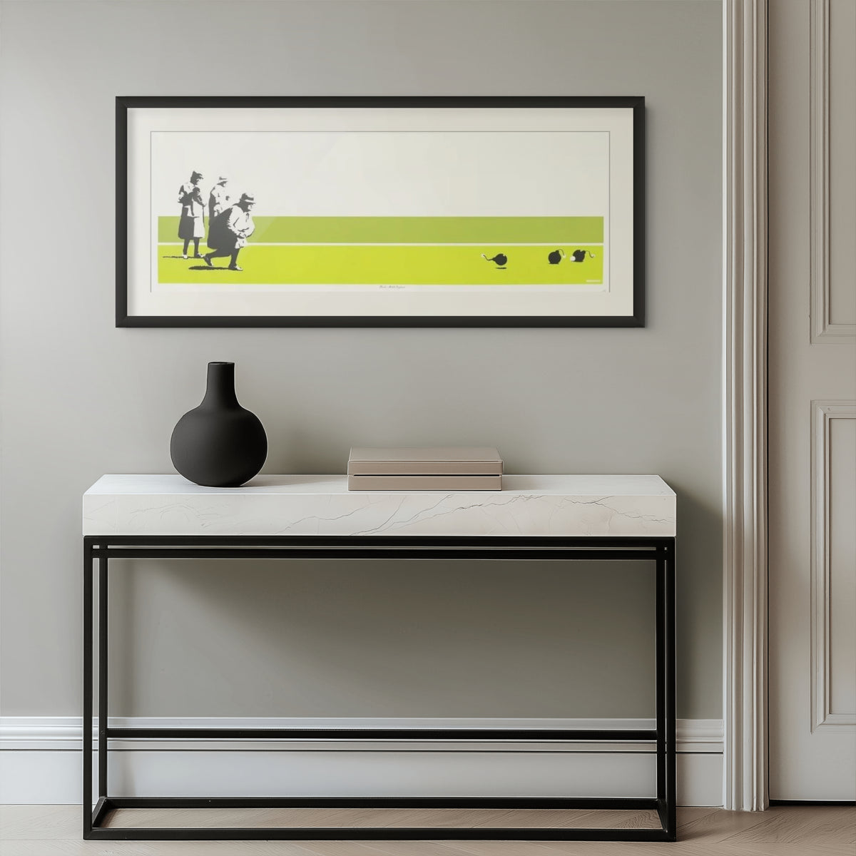Banksy, Bomb Middle England (Unsigned) (2002), screenprint in colours on wove paper displayed in a contemporary interior.
