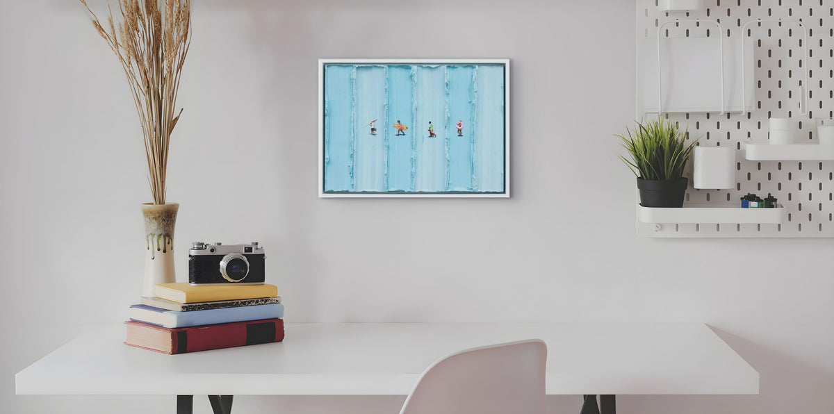 Framed Werner Bronkhorst canvas print in a white float frame, displayed in a bright interior