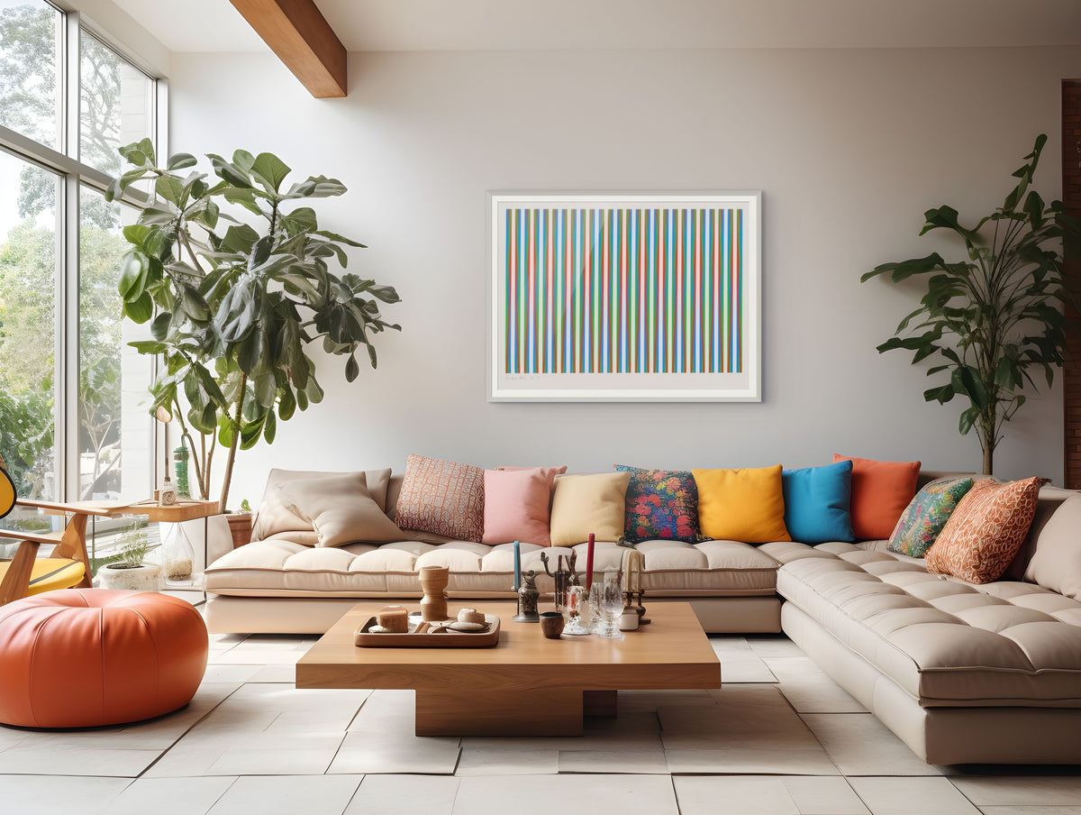Bridget Riley, Firebird (S.9, T.G.10), 1971, colourful geometric Op Art print displayed in a contemporary interior.