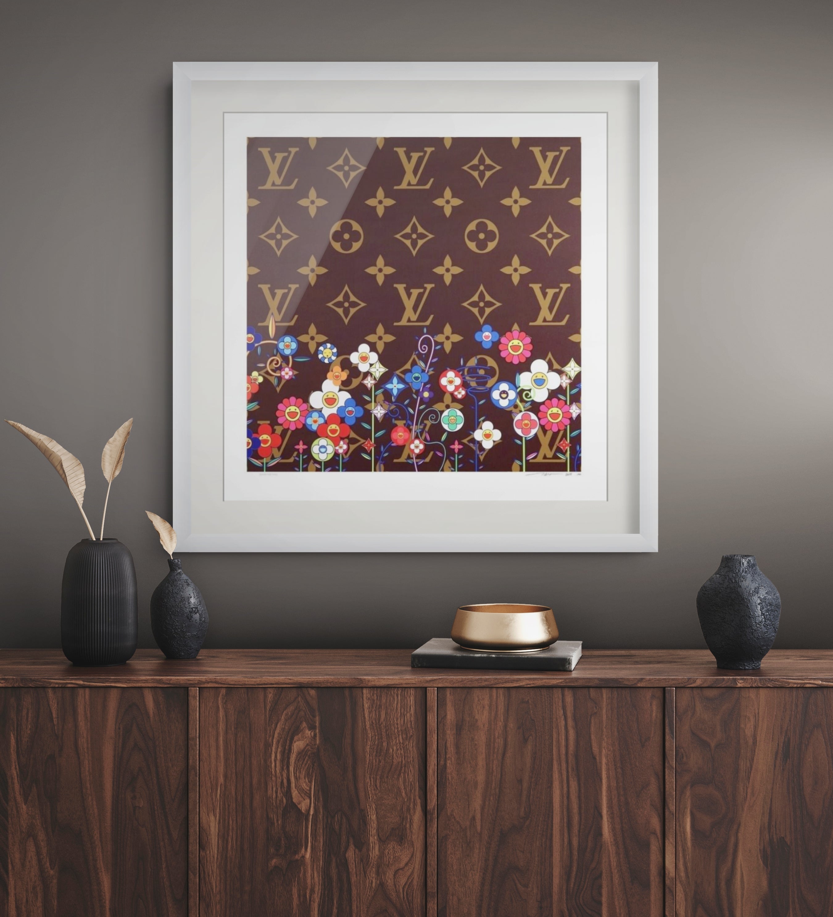 Takashi Murakami, LV Flower Garden, 2025 silkscreen featuring colourful flowers displayed in a contemporary interior.